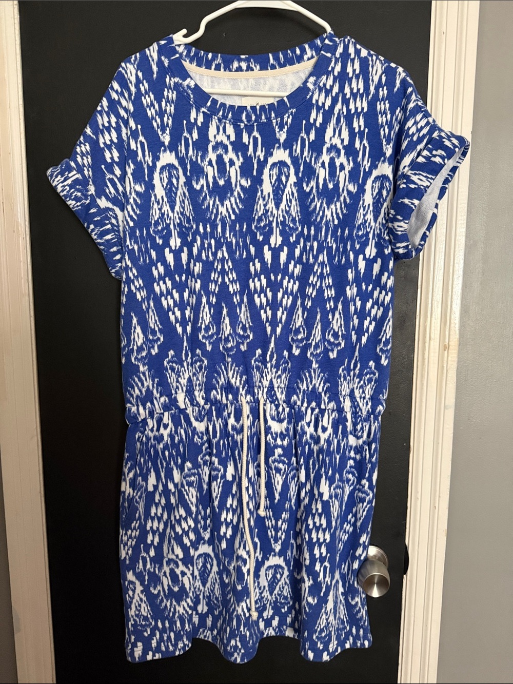 Lou & Grey Casual Short Sleeve Cotton Drawstring Mini Dress Pockets Size: L